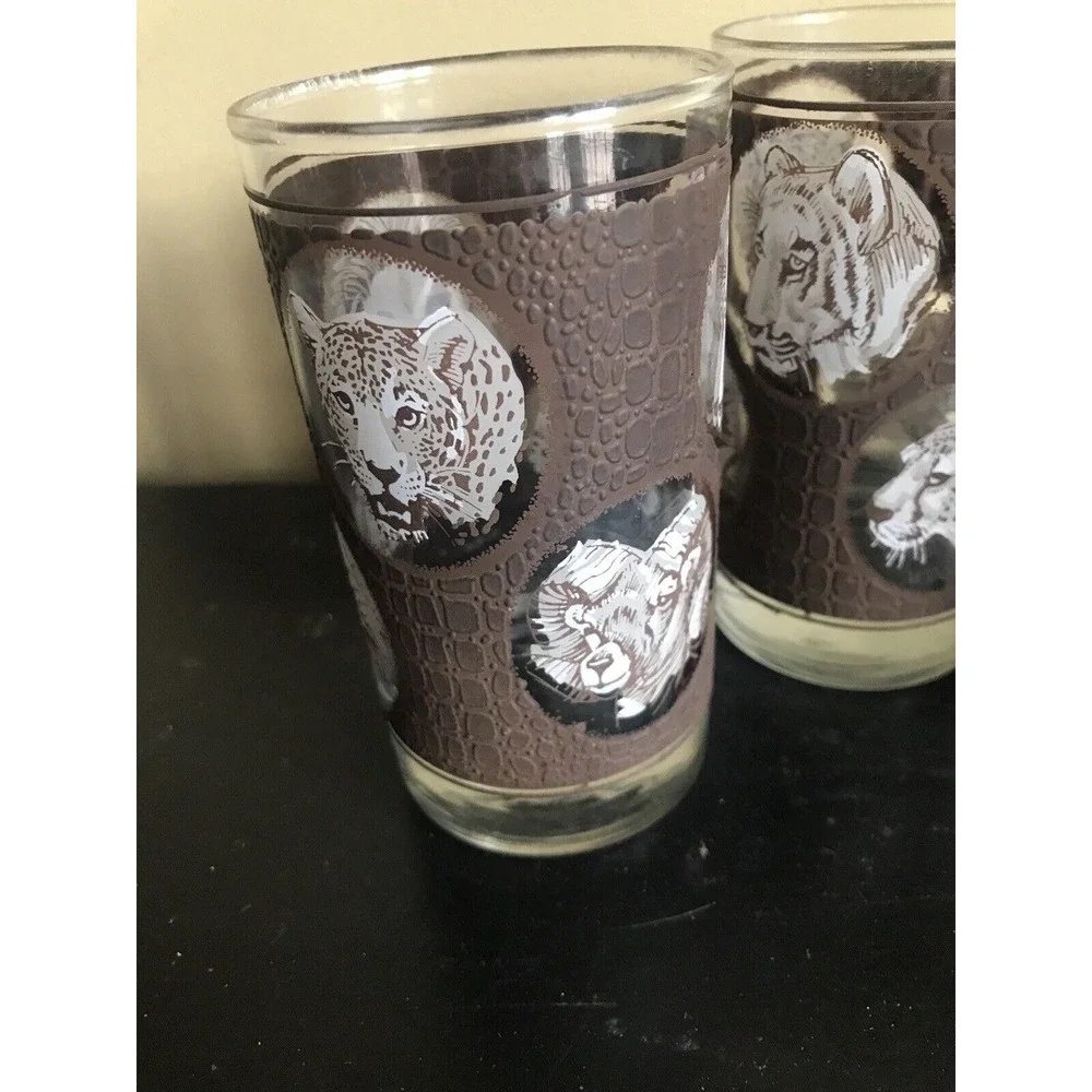 Vintage Libbey Glasses Glass set of 3 Lion‎ Tiger Leopard Ram African Safari